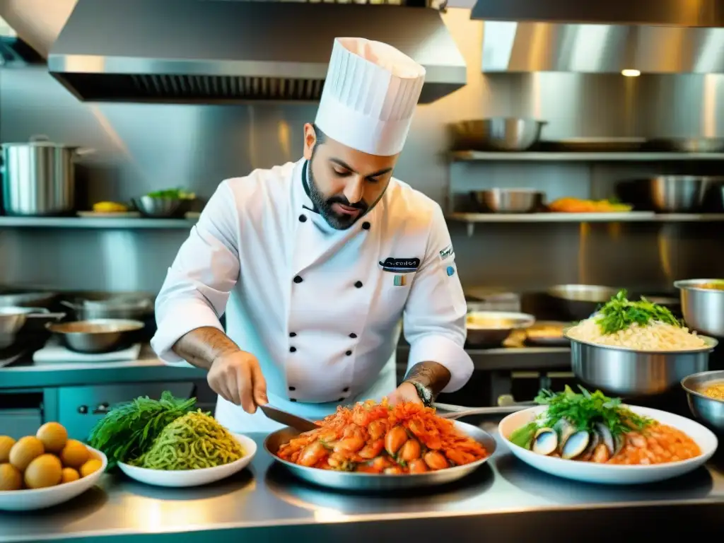 Un chef italiano experto preparando mariscos frescos en cocina bulliciosa