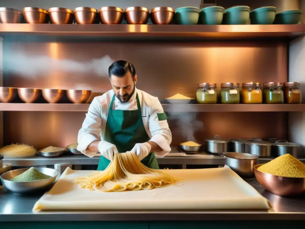 Un chef italiano experto estira la masa fresca a mano en una trattoria tradicional