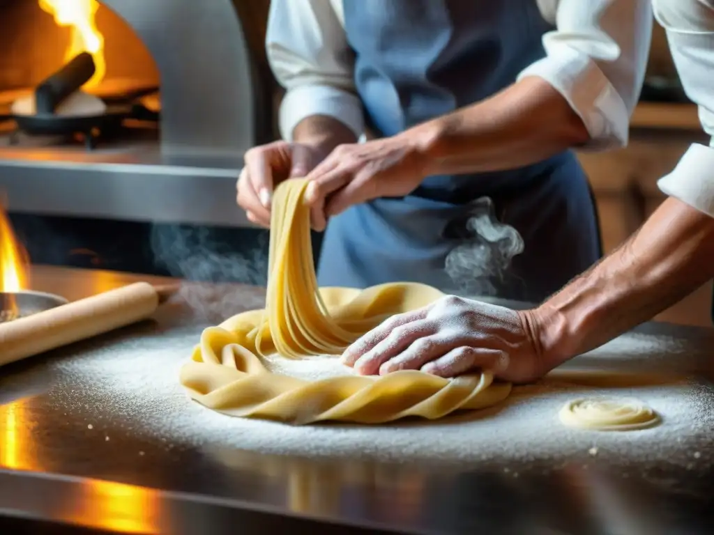 Un chef italiano experto estira delicadamente masa fresca en una cocina rústica con utensilios de madera, iluminada por el horno de leña