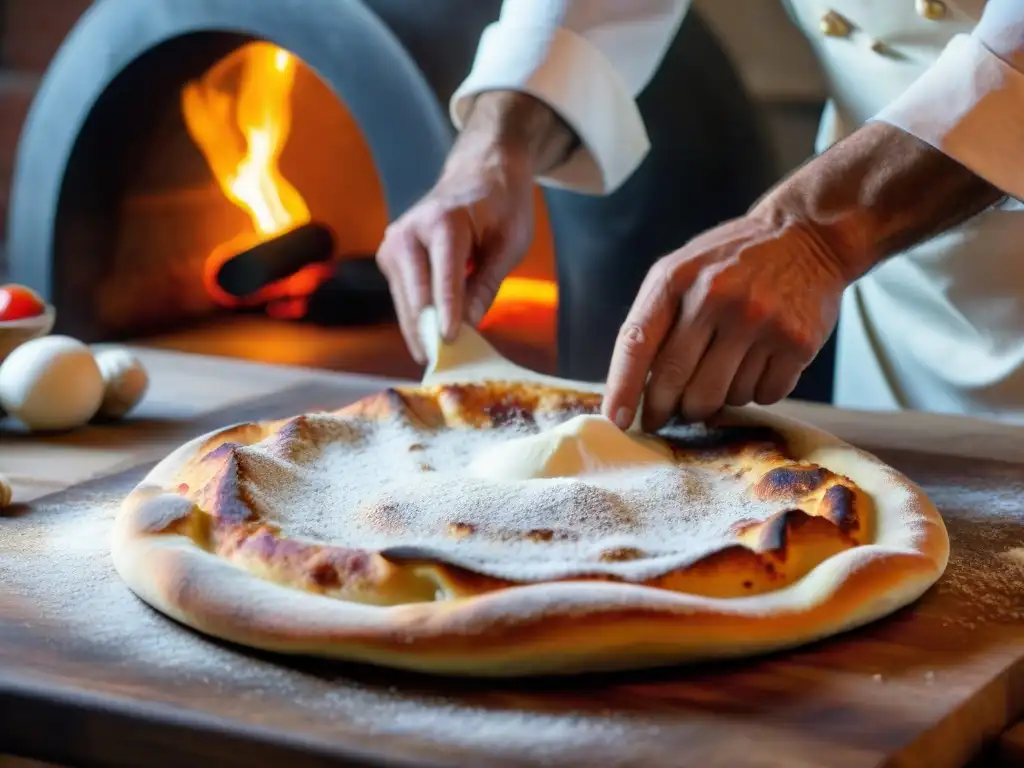 Chef italiano experto moldea masa de pizza en cocina tradicional con horno de leña