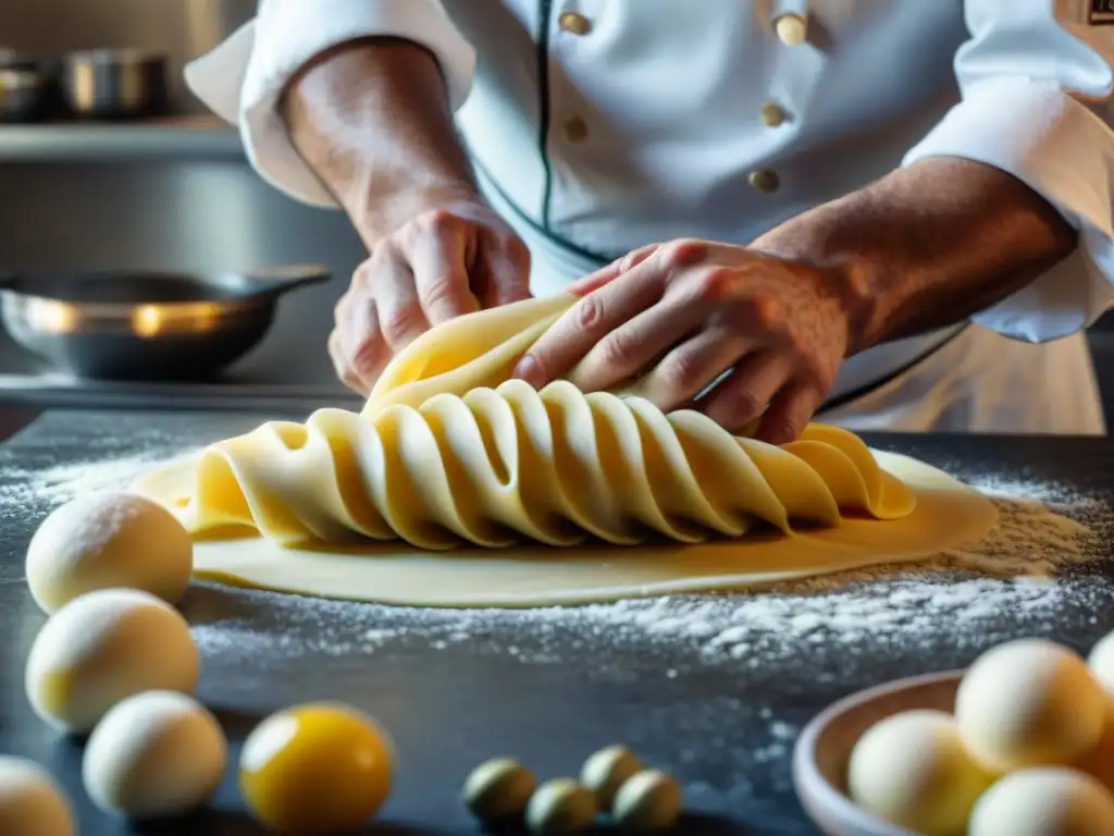 Un chef italiano experto moldea masa de pasta, reflejando la artesanía y pasión de las tendencias modernas en cocina italiana con fermentación