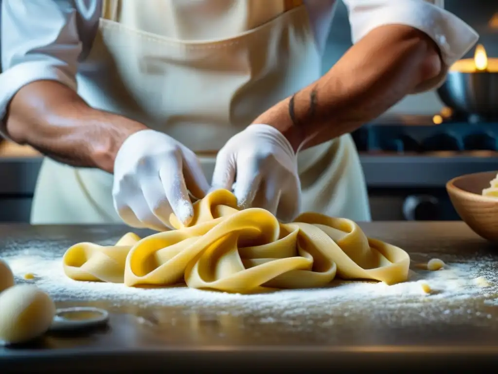 Un chef italiano experto amasa masa fresca fusionando tradición y tecnología en cocina italiana