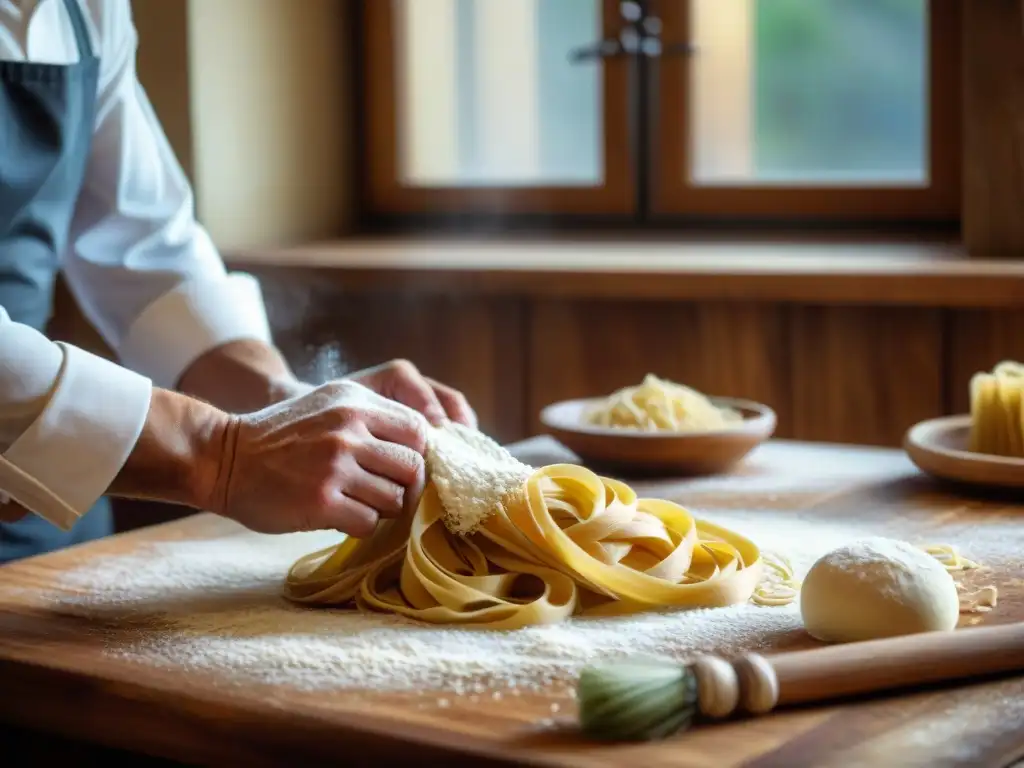 Un chef italiano experto haciendo masa de pasta tradicional a mano en un ambiente cálido, con utensilios vintage y luz natural