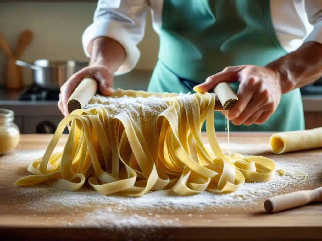 Un chef italiano experto estira la masa fresca a mano en un restaurante italiano fusionando tradición y tecnología