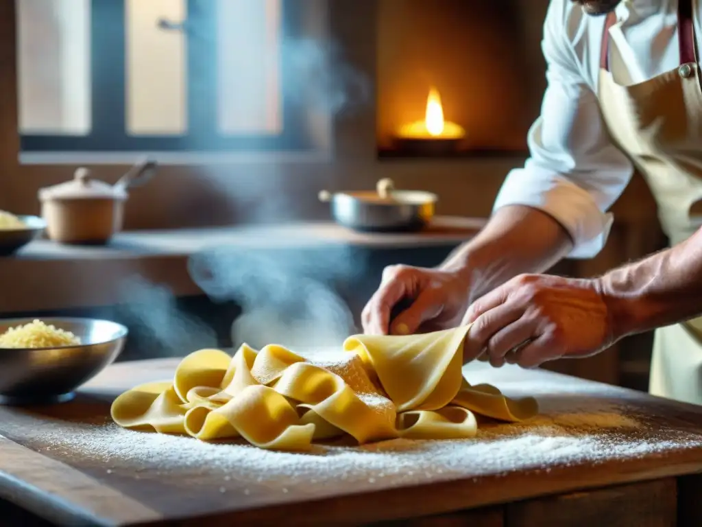 Un chef italiano experto amasa masa dorada en una cocina rústica, destacando el papel de la pasta en cine italiano