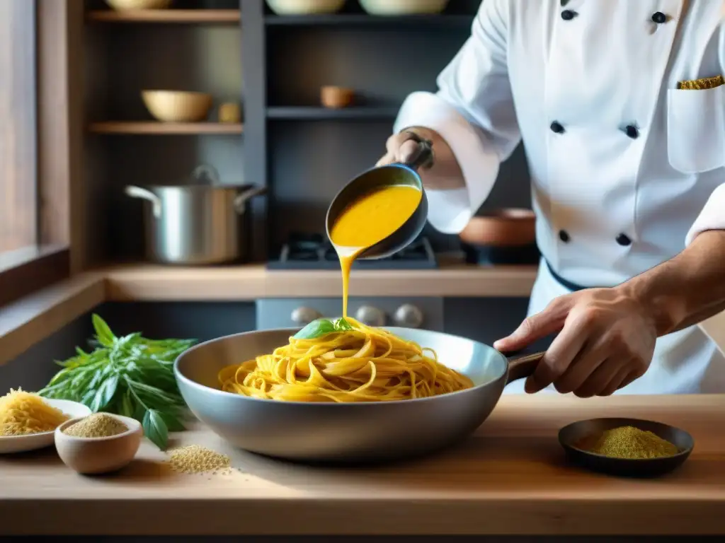 Un chef italiano experto en un matrimonio gastronómico entre curry y pasta, en una cocina rústica y bulliciosa