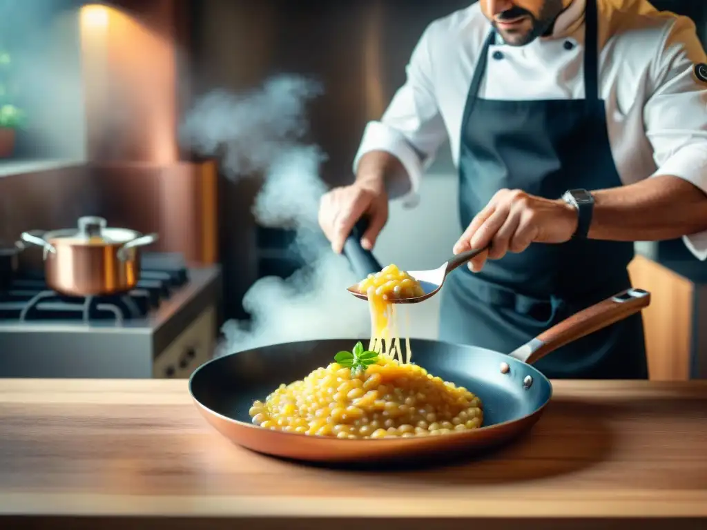 Un chef italiano experto usa la mejor espátula para preparar un risotto dorado en una sartén de cobre, rodeado de ingredientes frescos