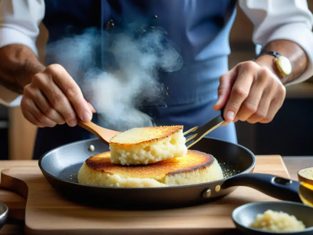 Un chef italiano experto usando la mejor espátula cocina italiana para voltear un risotto dorado en una sartén humeante