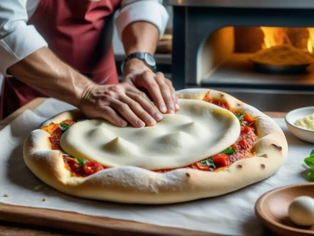 Un chef italiano experto en fermentación microbiana estira hábilmente la masa de pizza en una cocina rústica