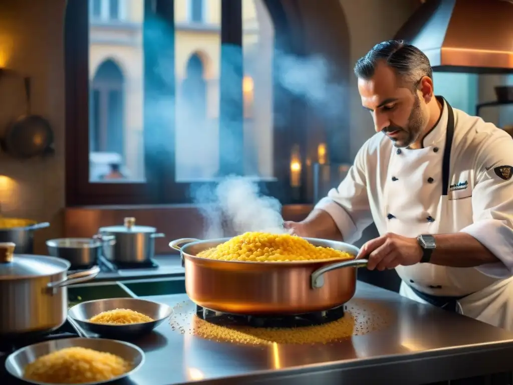 Un chef italiano experto removiendo risotto alla Milanese en cocina bulliciosa con detalle y Duomo di Milano al fondo