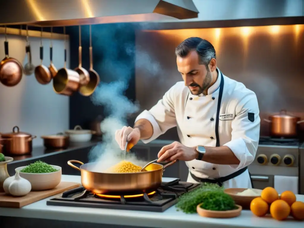 Un chef italiano experto preparando Risotto alla Milanese en una cocina tradicional del norte de Italia