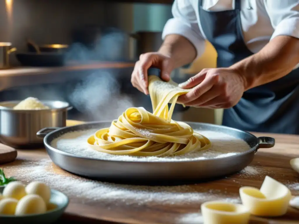 Un chef italiano experto crea una obra maestra culinaria en una cocina rústica