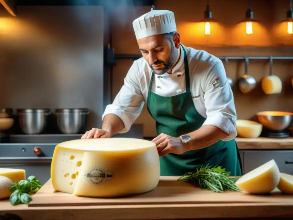 Chef italiano experto rallando Parmigiano Reggiano en cocina tradicional