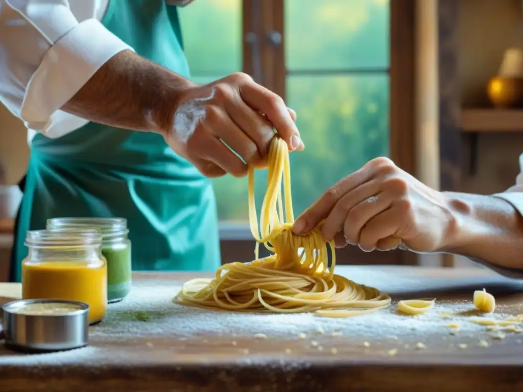 Un chef italiano experto crea pasta artesanal rodeado de pinturas vibrantes, fusionando cocina y arte