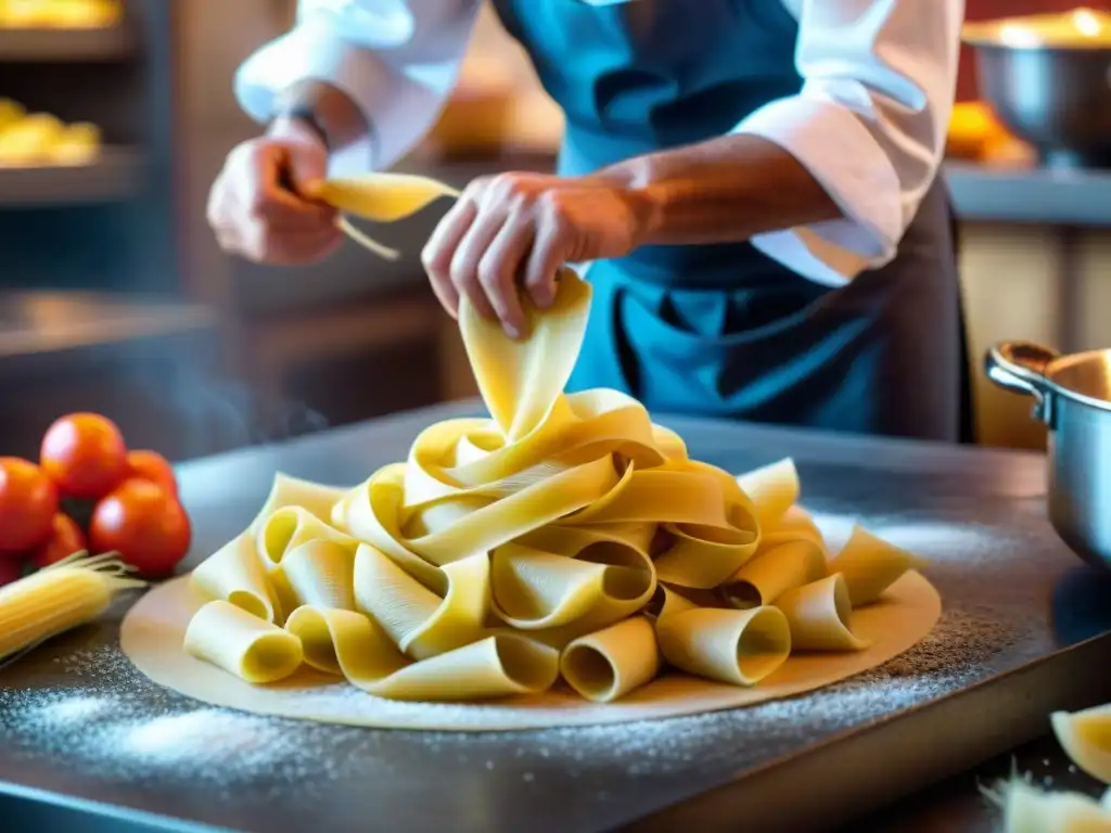 Chef italiano experto en pasta fresca en un mercado italiano animado, capturando la maestría culinaria italiana para evento perfecto