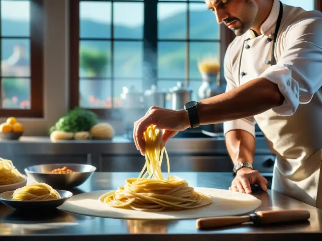 Chef italiano experto en pasta fresca, creando en una cocina llena de ingredientes coloridos