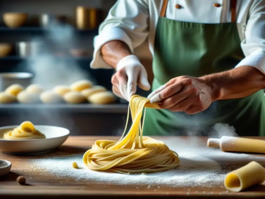 Un chef italiano experto elaborando pasta fresca a mano, con harina esparcida y pasta secándose al fondo