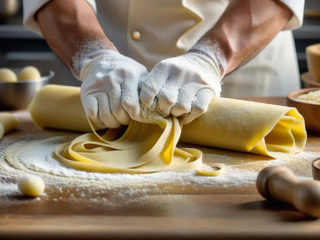 Un chef italiano experto en pasta fresca dando una clase magistral con destreza