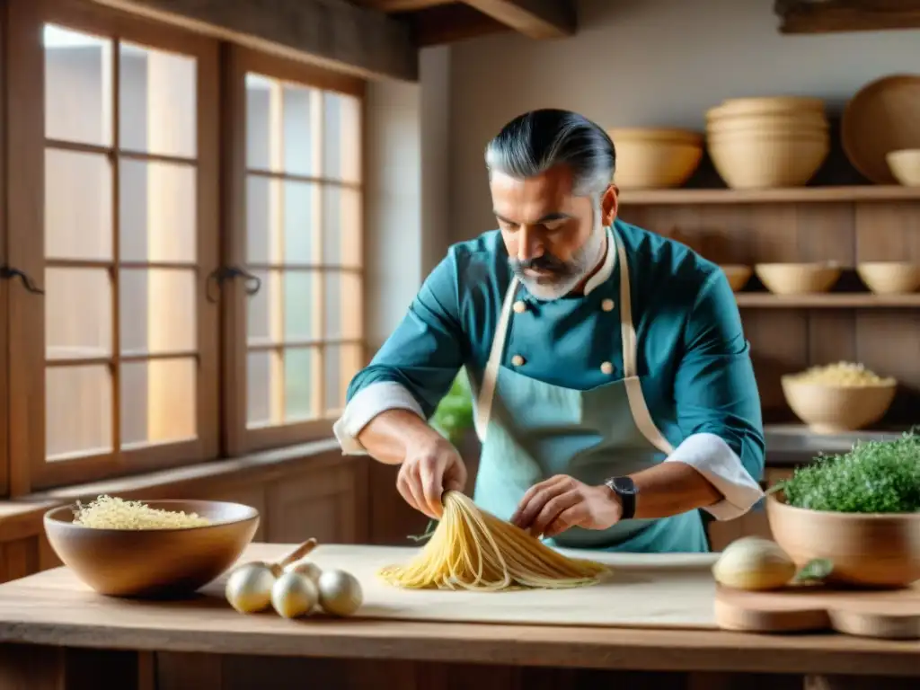 Un chef italiano experto en pasta fresca en una cocina tradicional, con hierbas secas y trenzas de ajo, en un ambiente cálido y acogedor