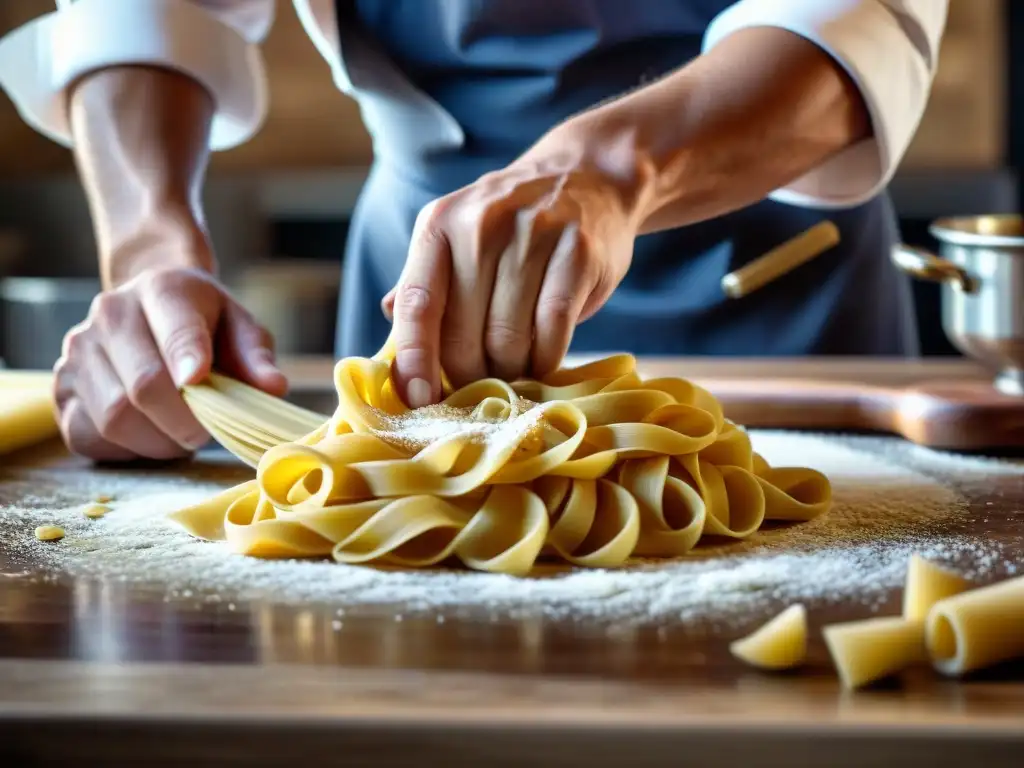 Chef italiano experto elaborando pasta artesanal: innovaciones cocina italiana tendencias