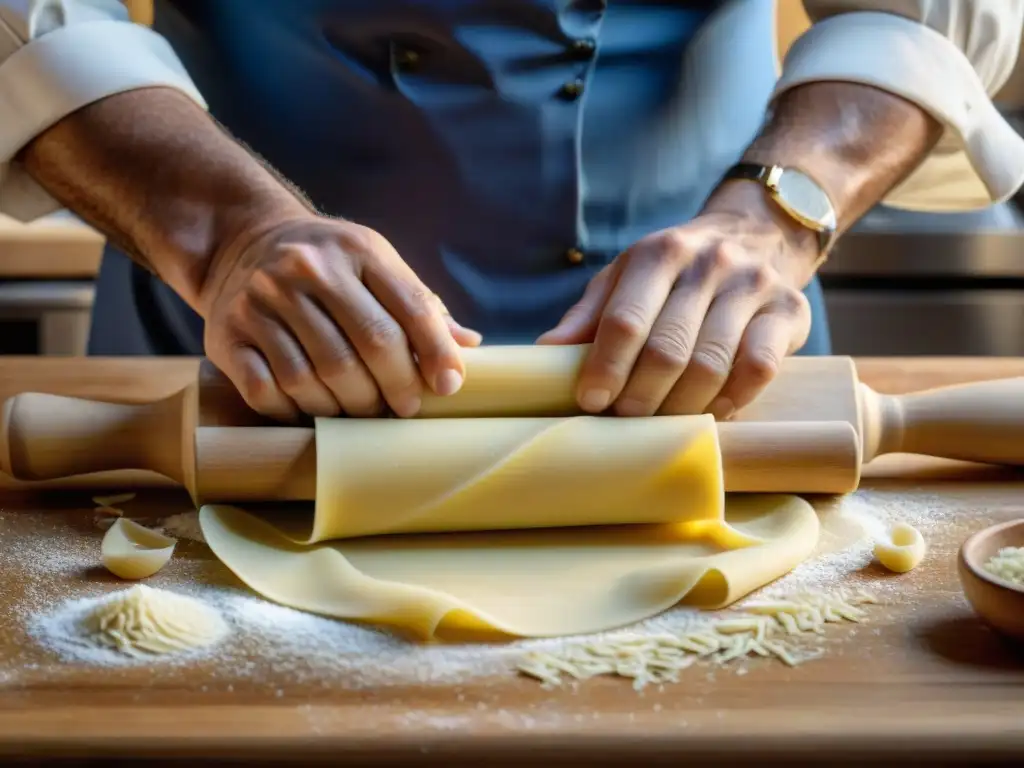 Un chef italiano experto en pasta al dente enrolla meticulosamente la masa