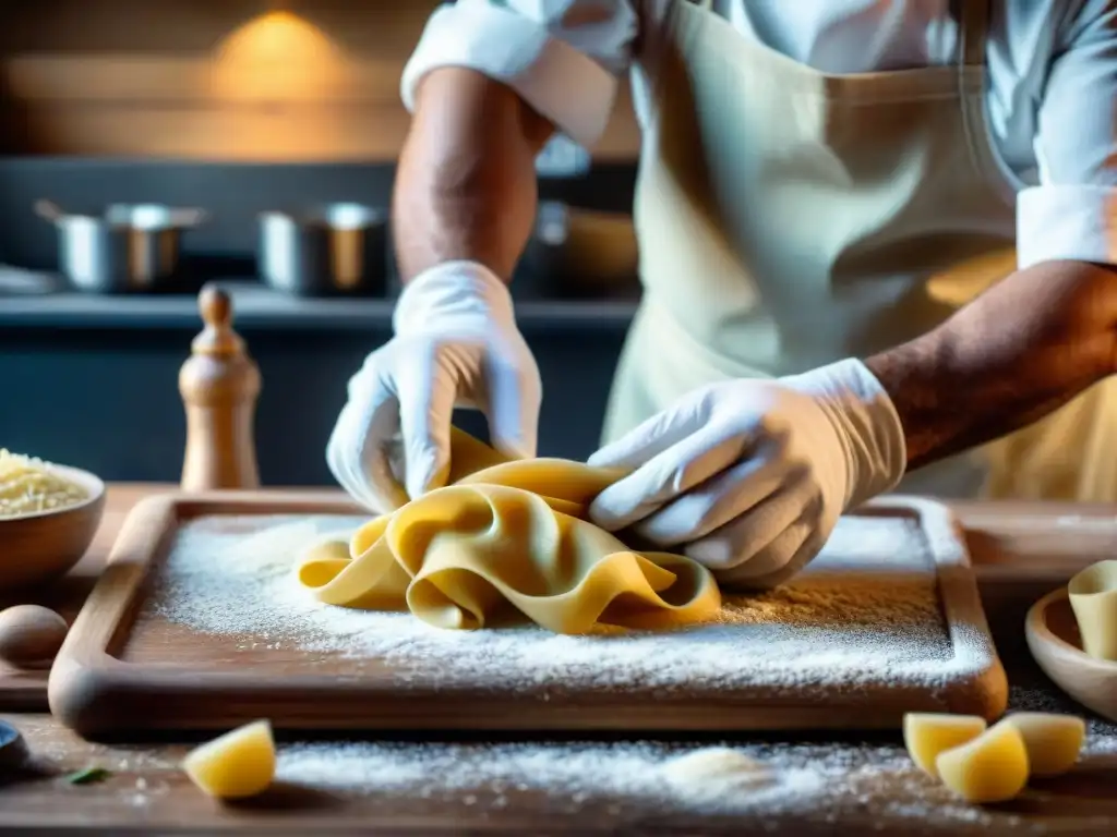 Chef italiano experto preparando pasta fresca en un festival gastronómico de cocina italiana