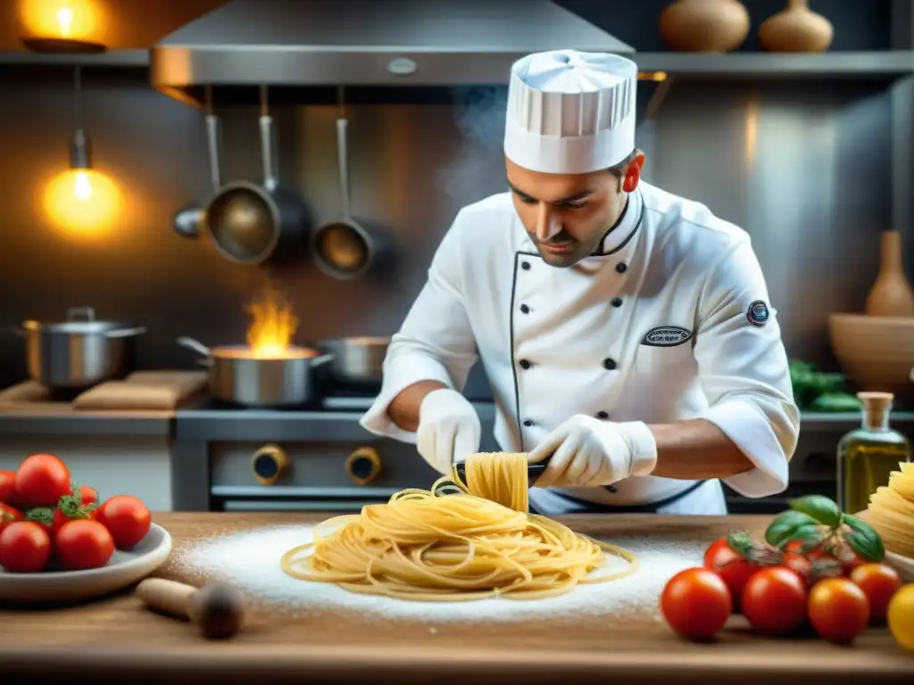 Chef italiano experto en pasta artesanal en cocina rústica, rodeado de ingredientes frescos