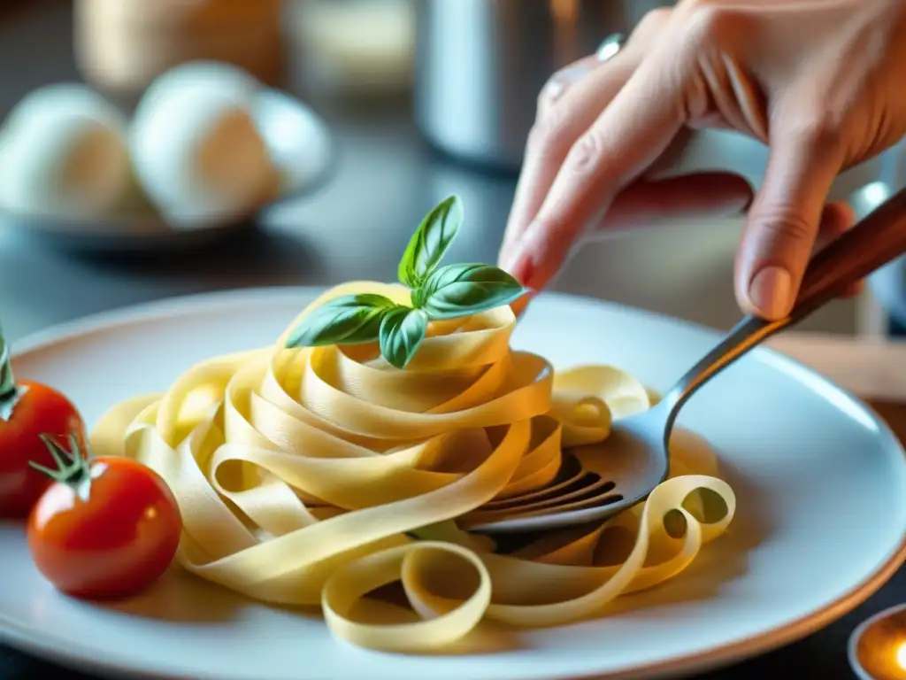 Un chef italiano experto en pasta fresca rodeado de ingredientes frescos en una cocina rústica