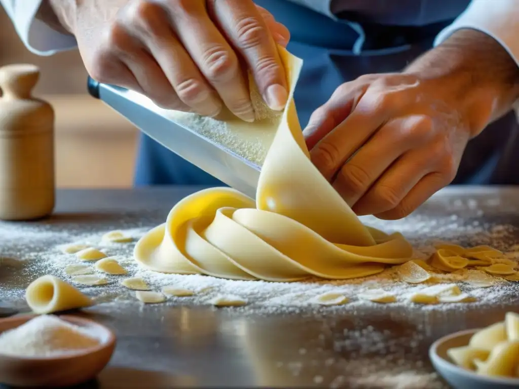 Un chef italiano experto elaborando pasta casera con destreza