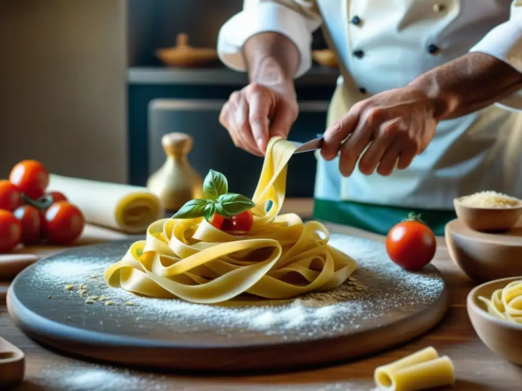 Un chef italiano experto en pasta fresca, creando formas intrincadas en una cocina tradicional