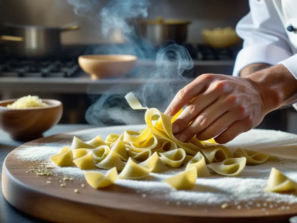 Un chef italiano experto moldea pasta con técnicas de cocina italiana avanzadas, rodeado de ingredientes frescos y vibrantes