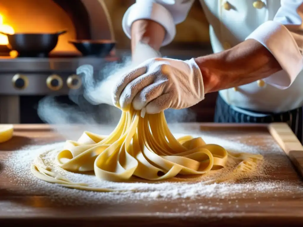 Chef italiano experto moldeando pasta con técnicas tradicionales en cocina rústica