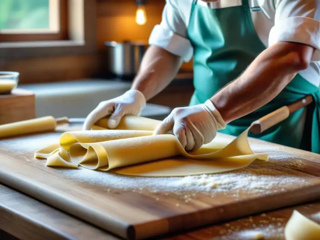 Chef italiano experto enrollando pasta a mano en una cocina tradicional