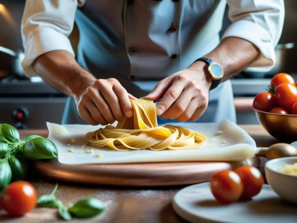 Un chef italiano experto elaborando pasta fresca rodeado de ingredientes vibrantes