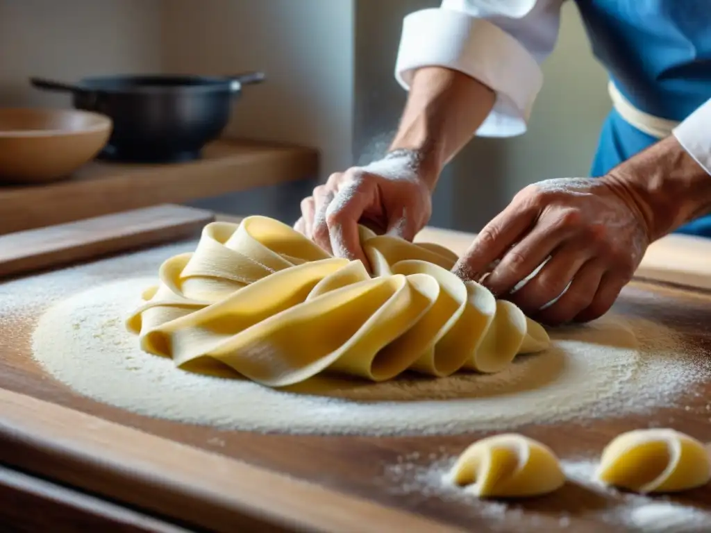 Un chef italiano experto moldea pasta a mano con precisión, mostrando técnicas de cocina italiana avanzadas