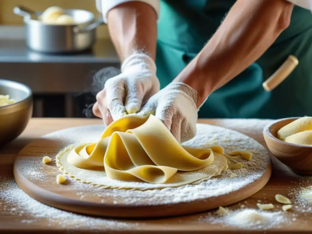 Un chef italiano experto moldeando pasta fresca con utensilios esenciales de cocina italiana