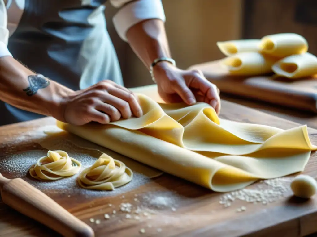 Un chef italiano experto en pasta trabaja con utensilios de cocina italianos auténticos