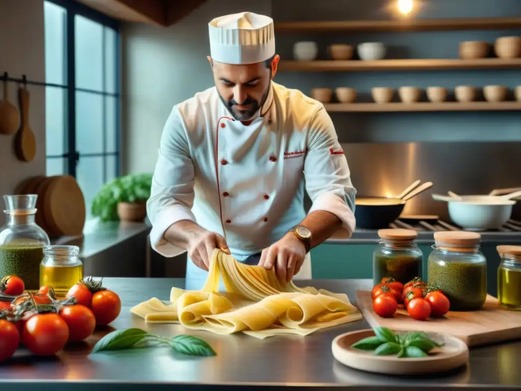 Chef italiano experto elaborando pasta fresca en una cocina rústica