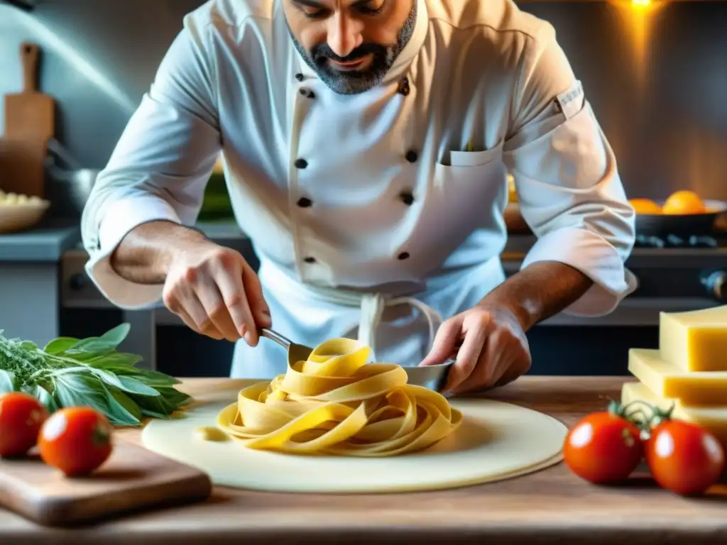 Un chef italiano experto prepara pasta artesanal con ingredientes premium en una cocina tradicional