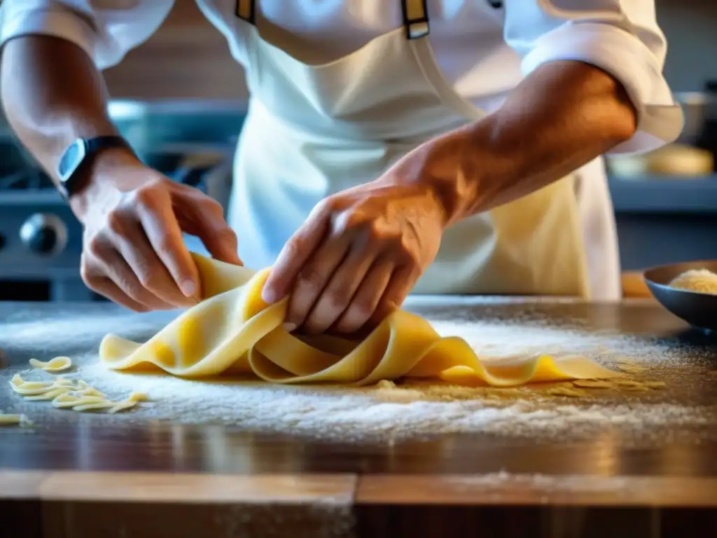 Chef italiano experto preparando pasta fresca en detallado proceso