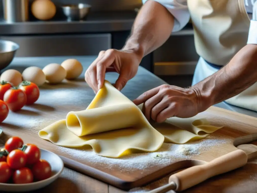 Un chef italiano experto en pasta, usando herramientas de pasta personalizadas para crear una obra maestra culinaria en una cocina rústica