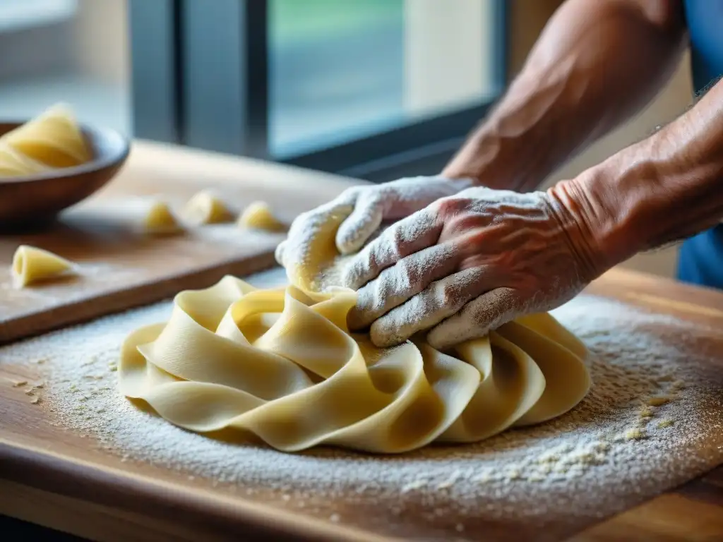 Un chef italiano experto moldea pasta fresca con destreza, mostrando años de experiencia y pasión por la 'Innovación en la cocina italiana'