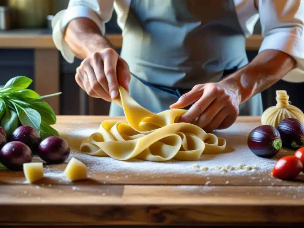 Un chef italiano experto moldea pasta fresca en una cocina tradicional, con vino y verduras