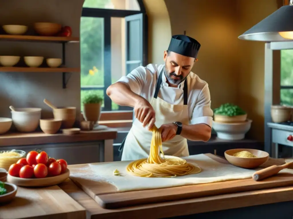 Cocinero italiano experto haciendo pasta fresca en cocina rústica Un chef italiano experto en pasta fresca en una cocina rústica, rodeado de ingredientes vibrantes, creando arte culinario