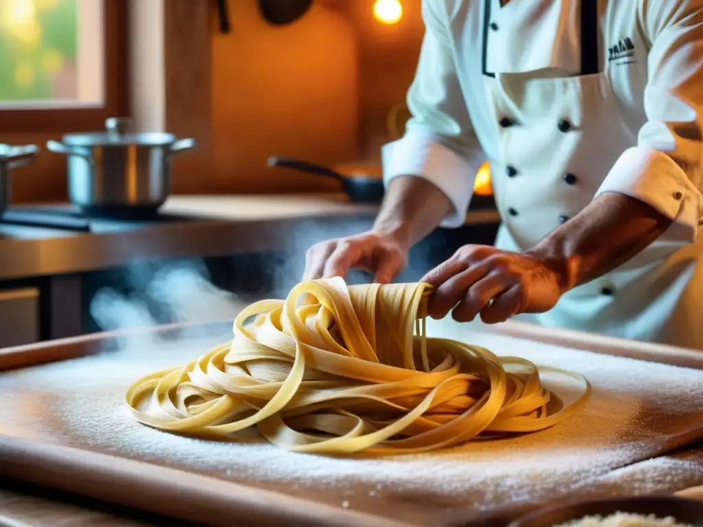 Un chef italiano experto elaborando pasta fresca en una cocina rústica al atardecer, mostrando la esencia de la cocina italiana