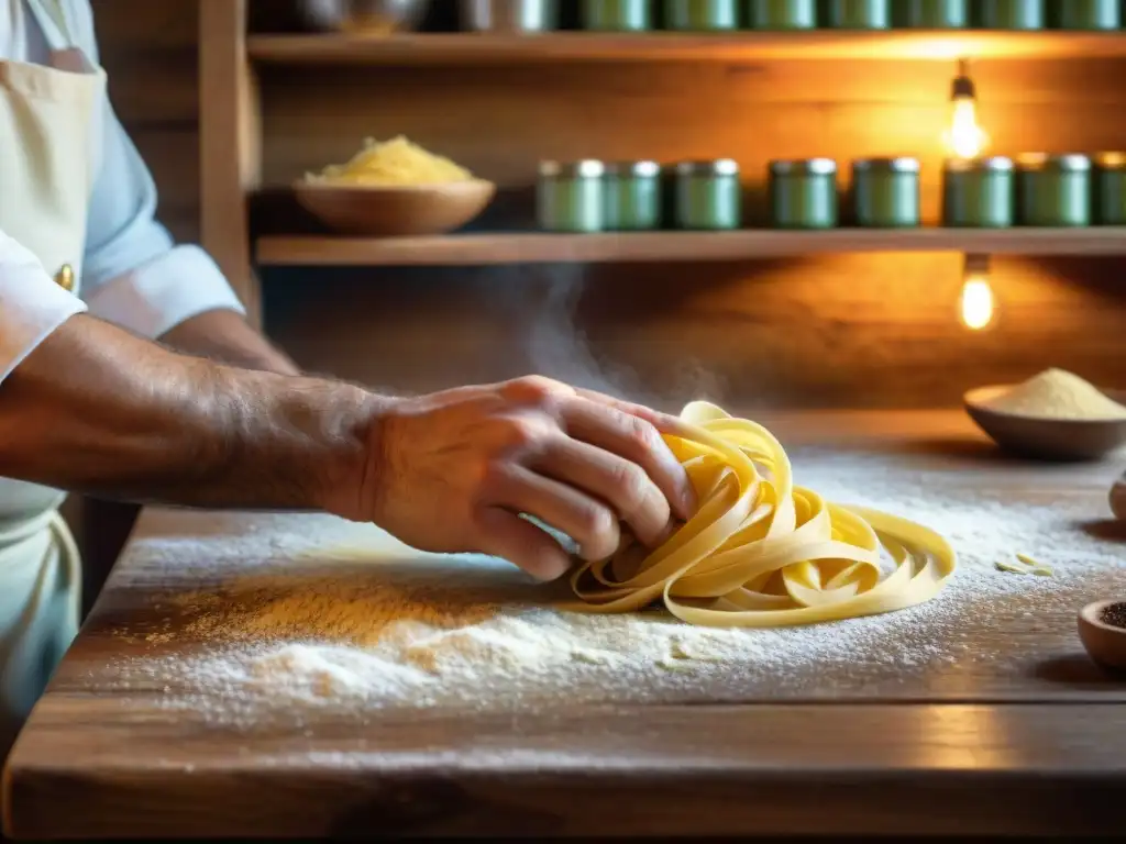 Un chef italiano experto enrolla pasta en una cocina tradicional de Elba