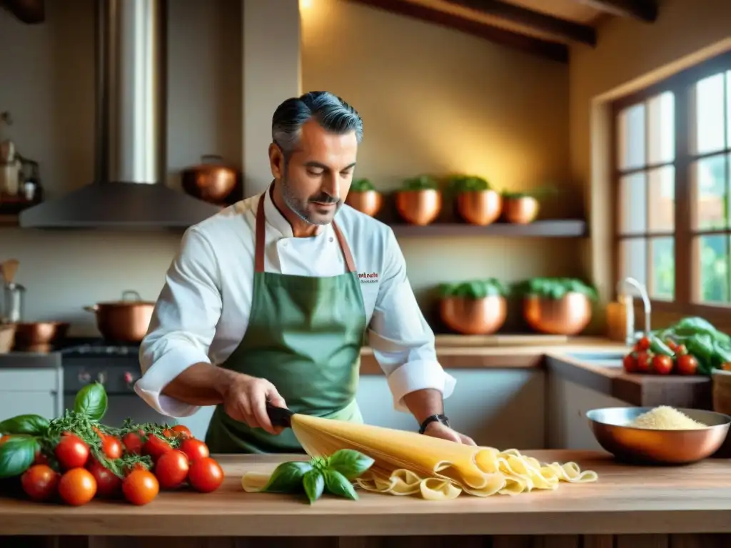 Un chef italiano experto en pasta fresca en una cocina rústica y bulliciosa