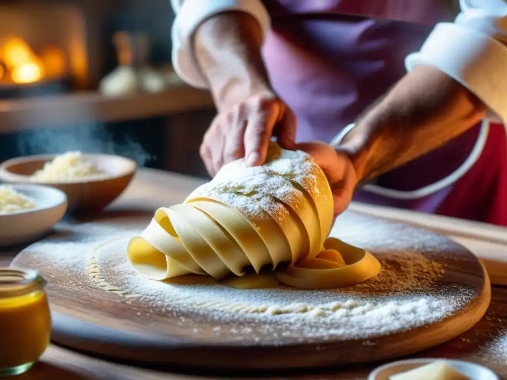 Un chef italiano experto enrolla pasta a mano en una mesa rústica, con harina en el aire y la luz del atardecer toscano