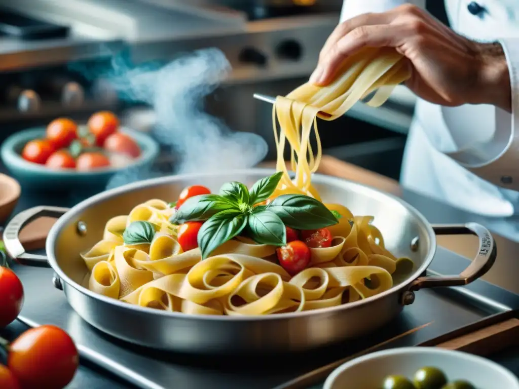 Maestro de la pasta: chef italiano experto en acción Un chef italiano experto moldea pasta a mano rodeado de ingredientes frescos en una cocina bulliciosa