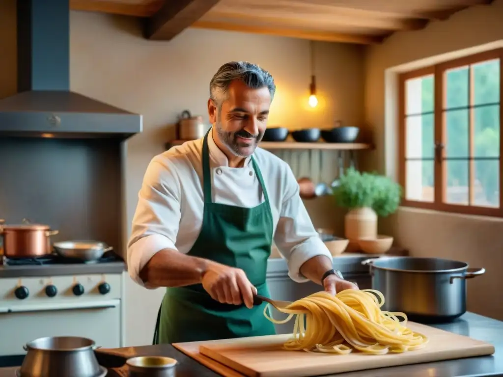 Chef italiano experto en pasta fresca: pasión y destreza en la cocina Un chef italiano experto en pasta, cocinando con pasión en una cocina rústica